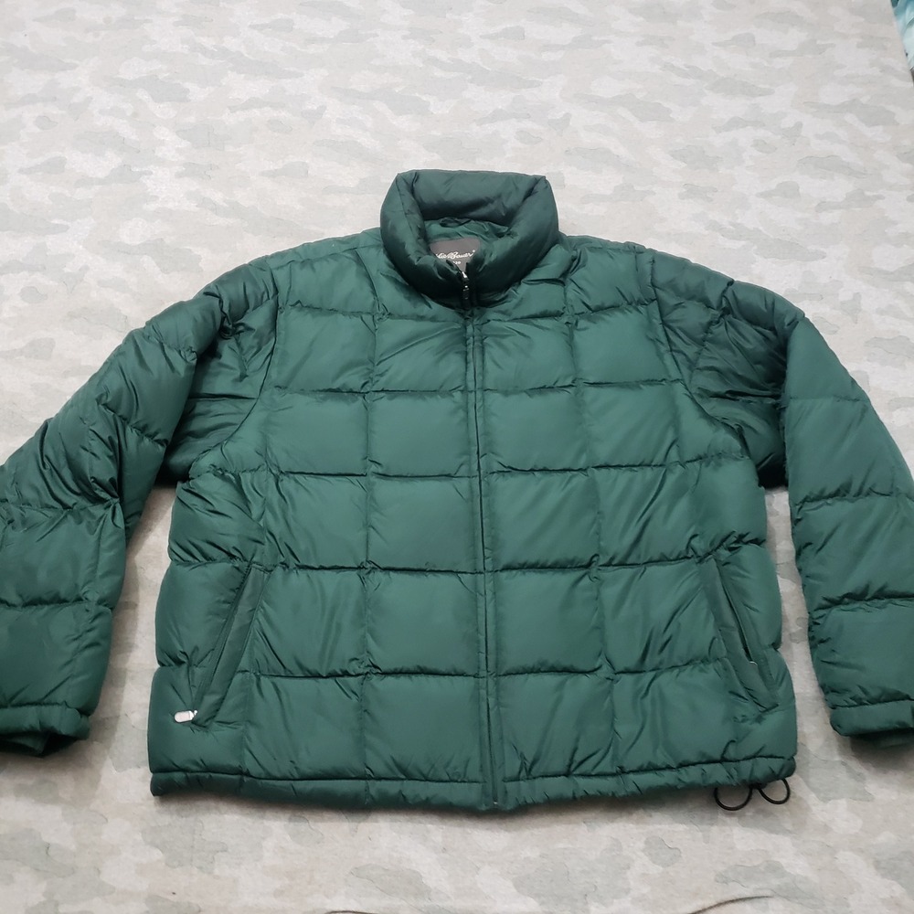 Eddie Bauer Puffer Jacket Mens XL Green Goose Down Full Zip Pockets Outdoors